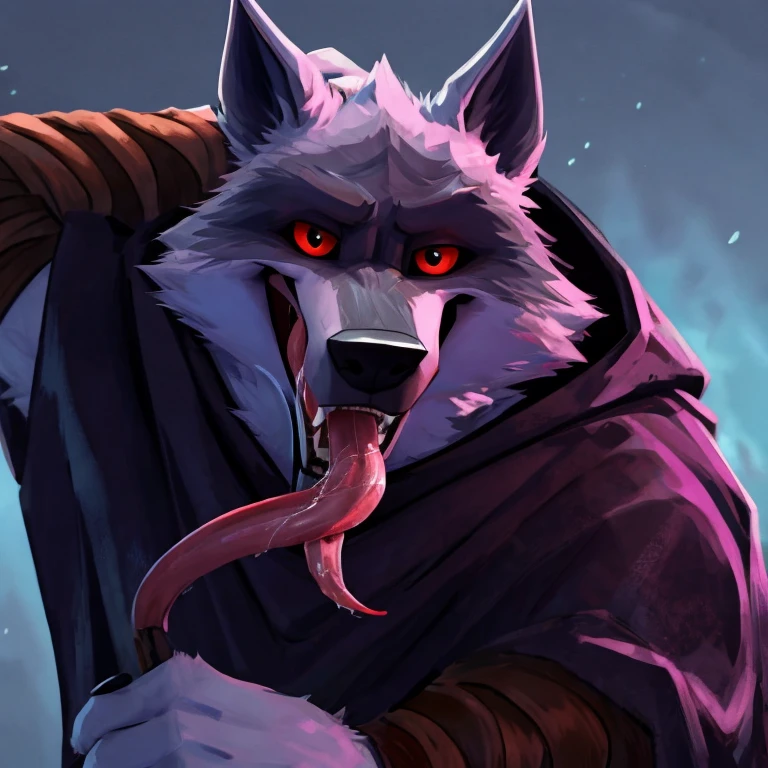 Death (Puss in Boots: The Last Wish), DreamWorks Animation, 2D, Looking at viewer, Open Mouth, Tongue Out, Long Tongue, Wide-Eyed, Wolf Ears, Anatomically Correct, Seductive Smile, Stretching out tongue with fingers, Saliva Trail, Raised Eyebrow, Oral Invitation, Simple background, Character Design, Illustration, High Resolution, Super Detailed, Textured Skin, Eye Level Shot, Single Shot, Medium Close Up
