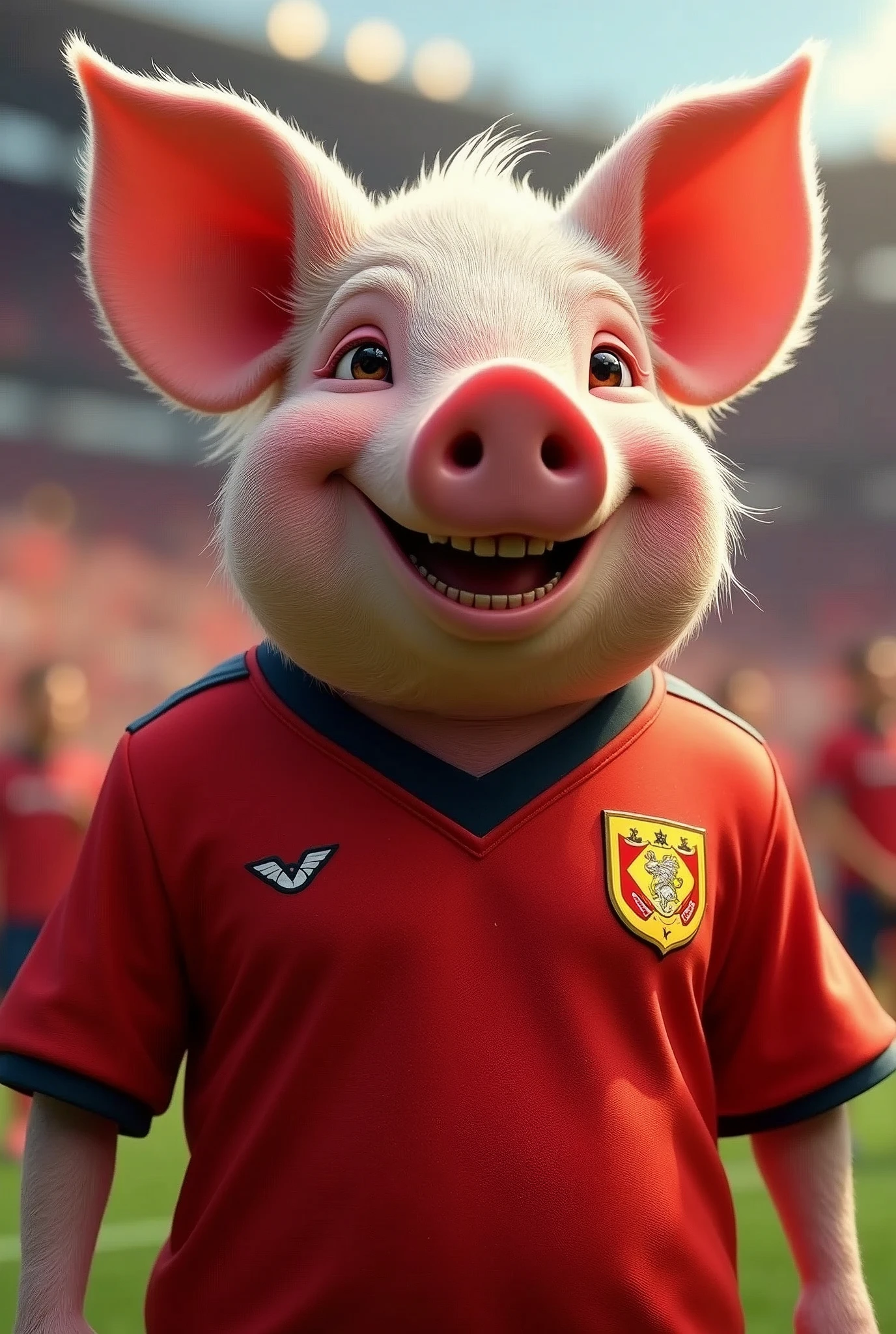 Create an image of a pig wearing a Flamengo shirt smiling