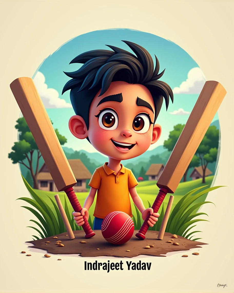 Make a channel logo using this image to animated ,and background is village type ground and text below is " Indrajeet Yadav" ( don't change my face ) make a cricket type pic.