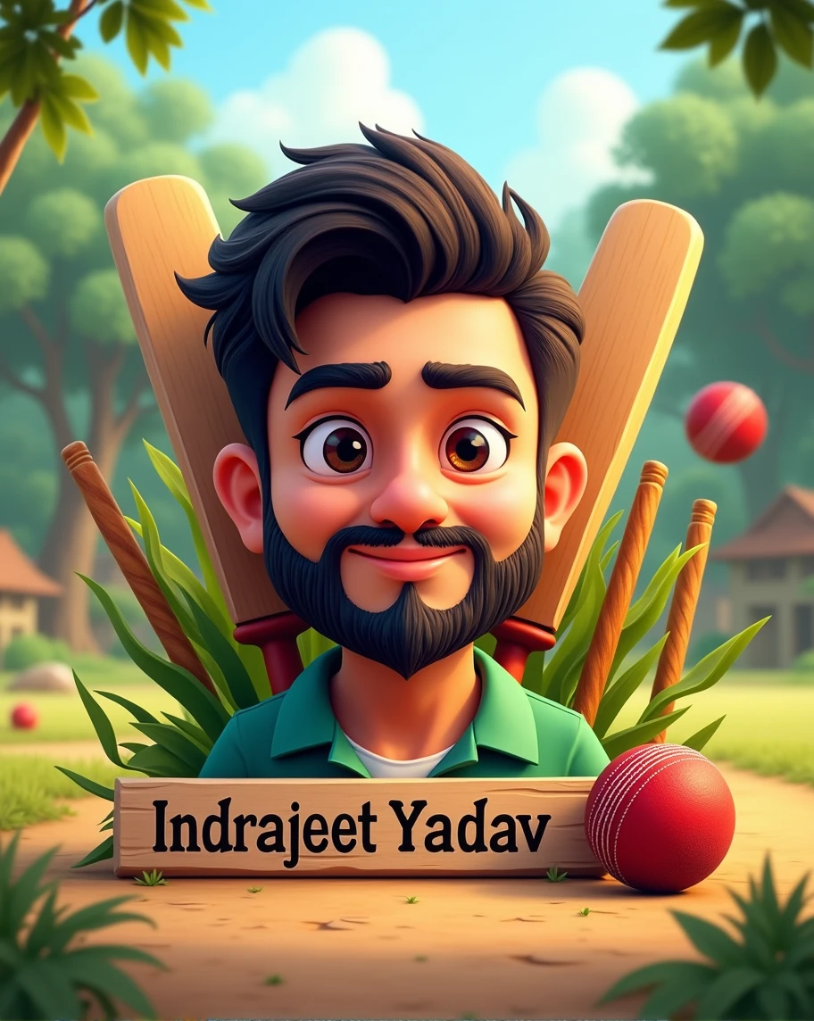 Make a channel logo using this image to animated ,and background is village type ground and text below is " Indrajeet Yadav" ( don't change my face ) make a cricket type pic.