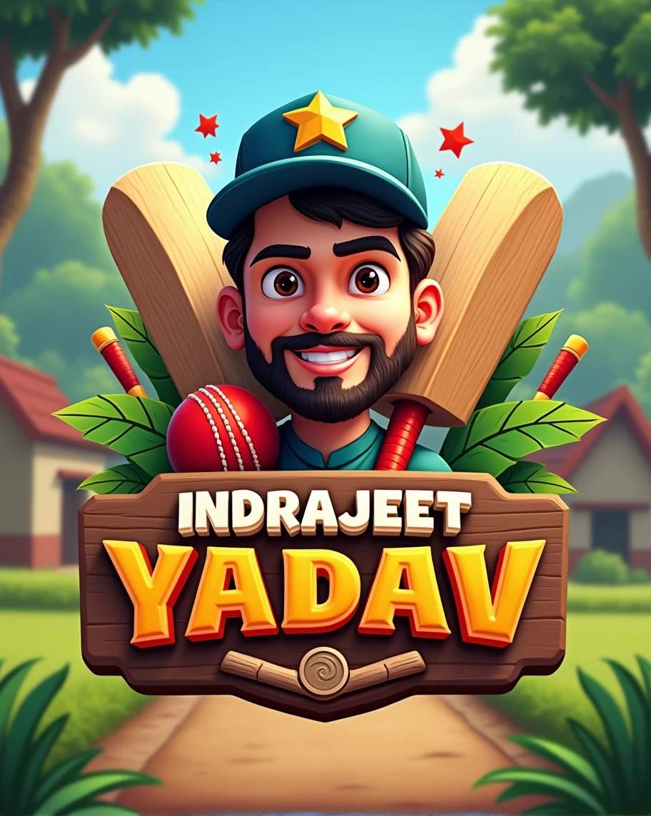 Make a channel logo using this image to animated ,and background is village type ground and text below is " Indrajeet Yadav" ( don't change my face ) make a cricket type pic.