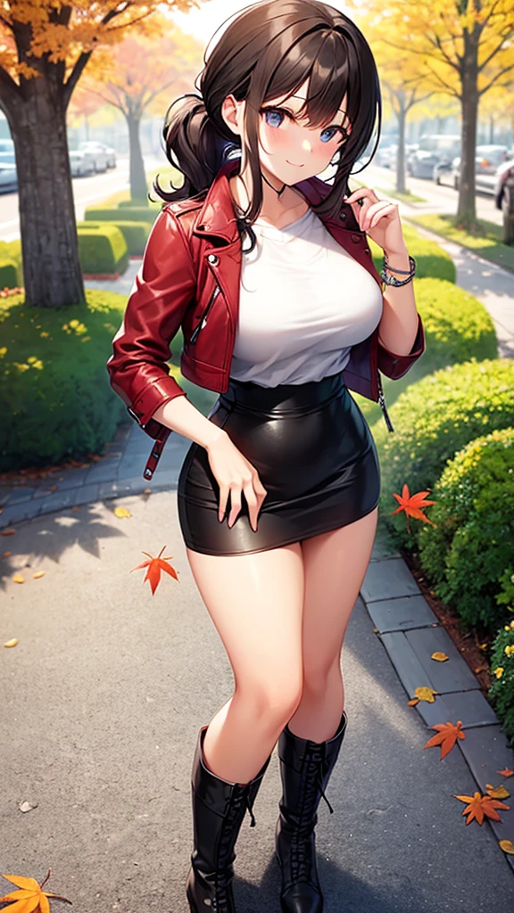 masterpiece, best quality, high detail, 1girl, beautiful woman, wavy hair, dark brown hair, low ponytail, messy hair, large bust, red leather jacket, tank top, black midi pencil skirt, long black skirt:1.2, boots, white scarf, bracelet, autumn, trees, leaves on ground, park, garden, stone, sidewalk, upper body, looking at viewer, light smile, atmospheric, moody
