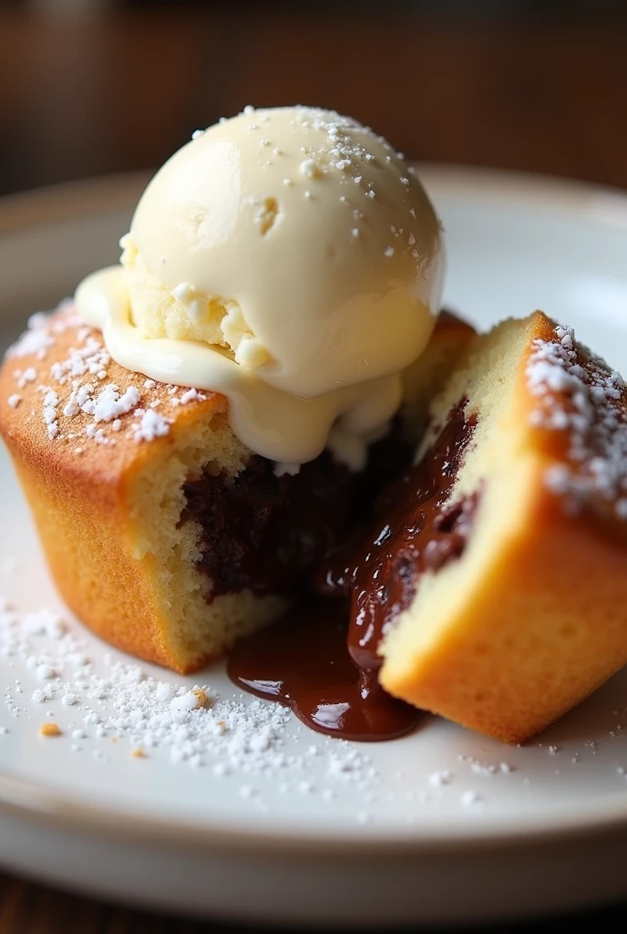 Muffin with melted chocolate inside and a scoop of vanilla ice cream
