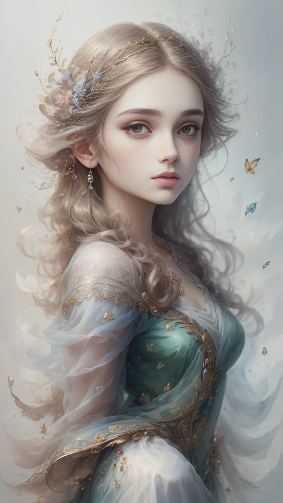 (Best quality, 4K, 8K, A high resolution, Masterpiece:1.2), Ultra-detailed, Realistic portrait, Beautifully detailed eyes, beautiful detailed lips, Detailed expression, Graceful posture, subtly lit, Dreamy atmosphere, Dark-toned background, expressive brush strokes, mystical ambiance, Artistic interpretation, Stunning Studio Ghibli style costumes, a whimsical illustration, Subtle colors and tones, mystical aura,