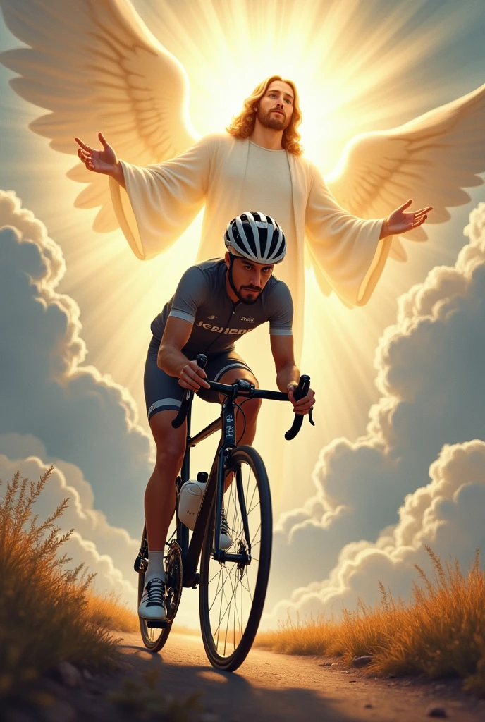 Make a cyclist on a bike with Jesus in heaven 