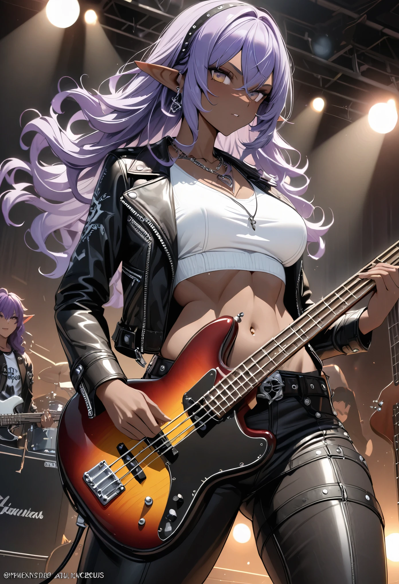 ((masterpiece:1.3)), accurate, textured skin, (dark skinned:2), brown Skin, high details, high quality, high resolution, super detail, 1080P, detailed face, detailed eyes, detailed 5 fingers, elf, Pointy ears, purple hair, wavy hair, (Leather jacket, leather pants), white undershirt, Belly button, Thick belt, Metal band members, Slim waist, firm waist, Six pack, toned abs, Chrome Hearts Necklace, Live venue, bassist, electric bass guitar, Bacchus