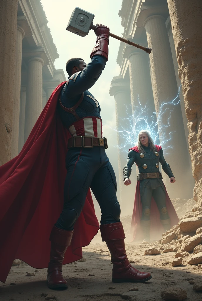 Young black captain america with thor hammer vs loki