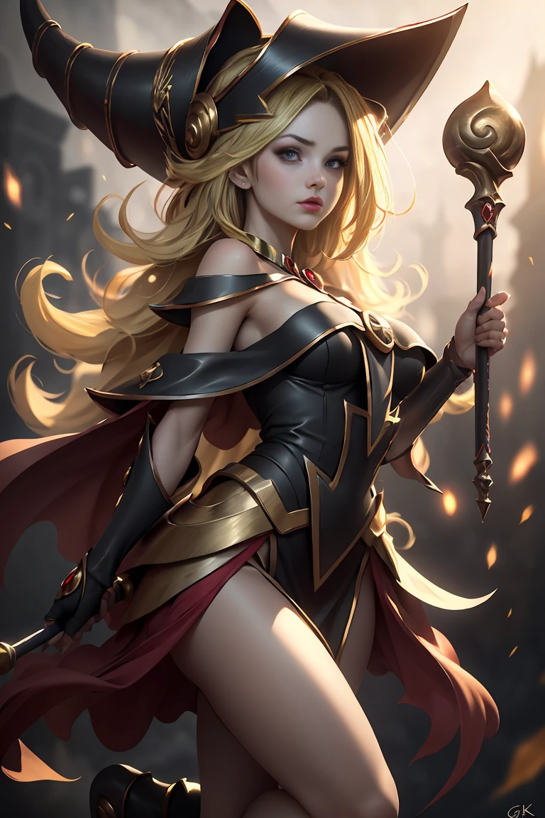 (8k,photorealistic raw photography the highest quality;1.4) (1girl in) super beauty (realistic face) femenine body (Blonde with long curls) Hold a black and red magic wand. combat scene Magic hat with black and gold exterior. Beautiful expression Glare (Real looking skin) (Giles dark wizards) tempting 超High resolution A hyperrealist High detail Full body photo remains