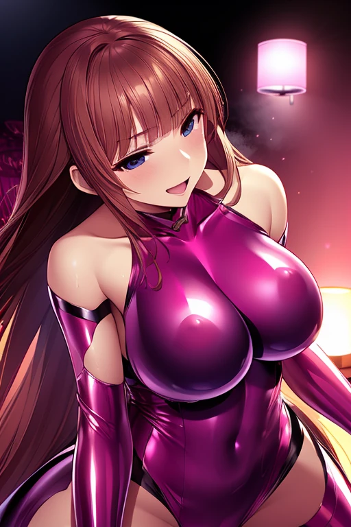 Erotic、Taimanin　Asuka Kogawa、Shiny pink latex catsuit、Off the shoulder、Pink love hotel with dim lights、Wicked Smile、Lightly open your mouth、Evil female warrior、adult、Married Woman、lure、bewitch、excited、sadist、Upper Body