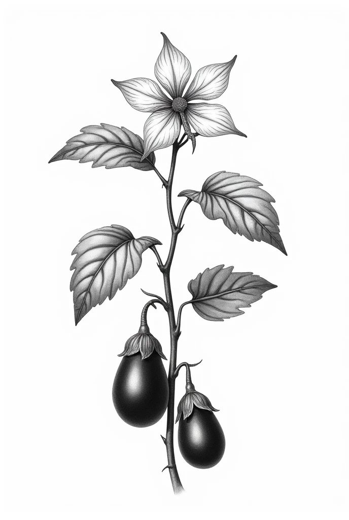 detailed, black and white botanical illustration of an eggplant plant. The image should prominently feature the plant's large leaves, a clearly defined eggplant flower flower star shaped 5 edges, and two eggplants. The style should resemble a vintage botanical drawing with light line work and minimal black shading, focusing on capturing the delicate details of the flower and the natural elements without heavy shadows