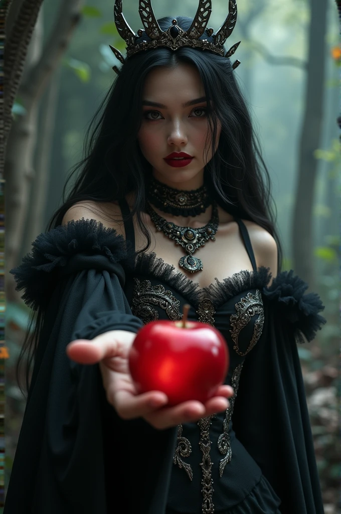 ((RAW Photo), absurd, (absurdresolution)), masterpiece, best quality, (Extremely detailed 8k unity CG wallpaper), (best illustration), (best shadow), Realistic lighting, beautiful detailed glow, ((21 years old)), girl, long black hair, black queen, accessories, apple in hand, poisoned apples, witch queen, red lipstick, (((Photographic Perspective of her)))