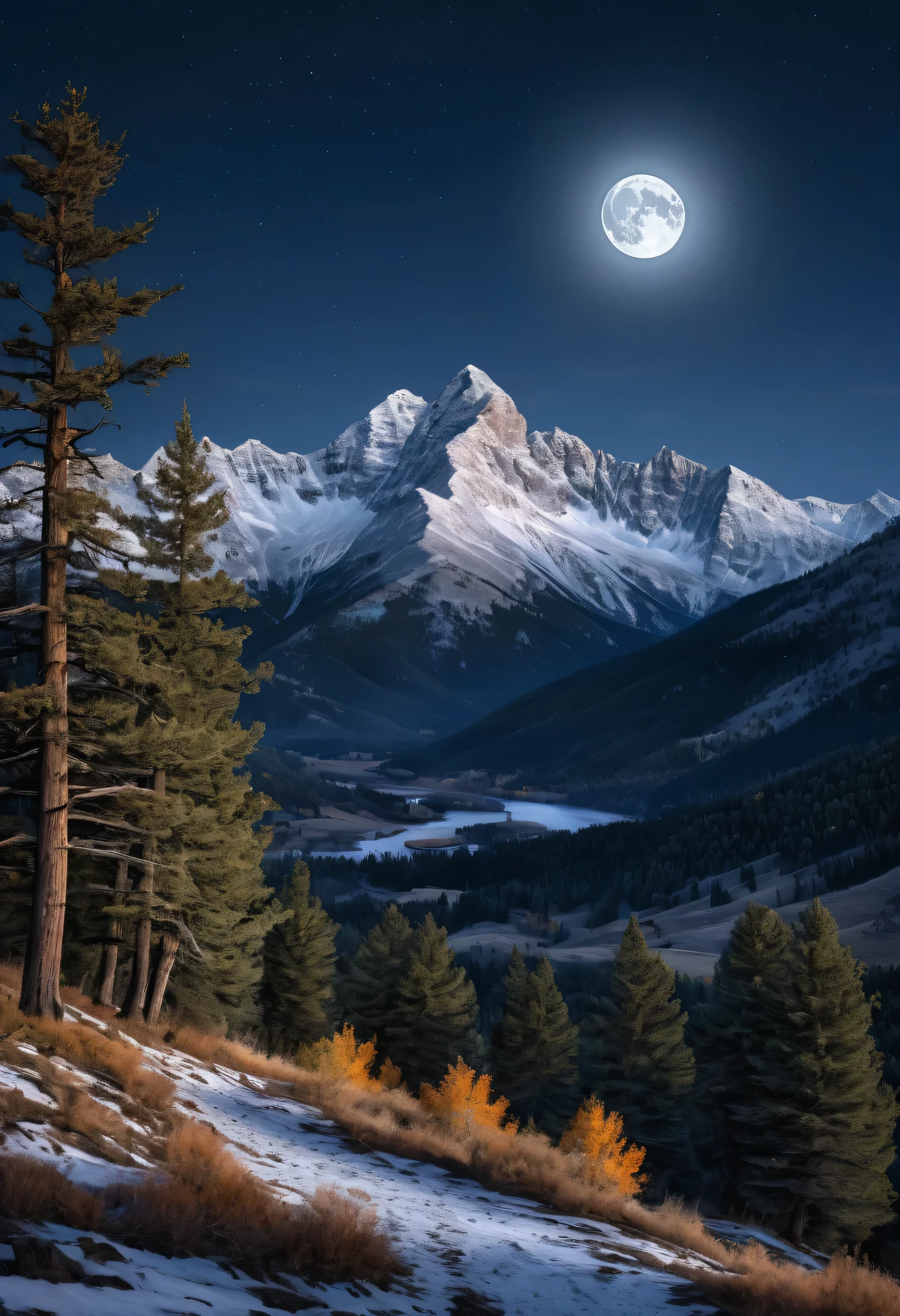 Generate a highly detailed, photorealistic image of a moonlit night in the Rocky Mountains during autumn. The image should feature the mountains and trees illuminated by the soft, silvery light of the full moon. The sky should be filled with a deep shade of indigo and a sprinkle of stars. The mountains should be depicted in a state of partial shadow, with the moonlight casting a gentle glow on the peaks and ridges. The trees should be shown in a state of transition, with some leaves still clinging to the branches and others scattered on the ground. The atmosphere should be crisp and cool, with a hint of wood smoke and damp earth. The overall mood of the image should be one of serenity and tranquility, capturing the peacefulness of a moonlit night in the mountains.