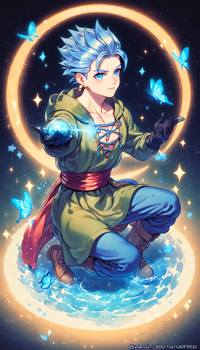 absurdres, highres, ultra detailed, HDR, master piece, best quality, extremely detailed, Erik, light-blue hair, hair slicked up, spiked hair, expressive blue eyes, Dragon Quest XI, solo, sexy man sitting, handsome, sensual, manly man, hooded dark green tunic with lacing that exposes his chest, a red sash tied around his waist, golden earring, black gloves, blue pants, fantasy, magic, sparkling, water, blue moon, blue flowers, blue butterflies, blue petals