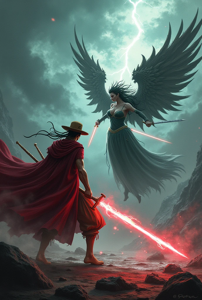 Zoro from One Piece facing Malenia from Elden Ring in an epic battle showing his powers