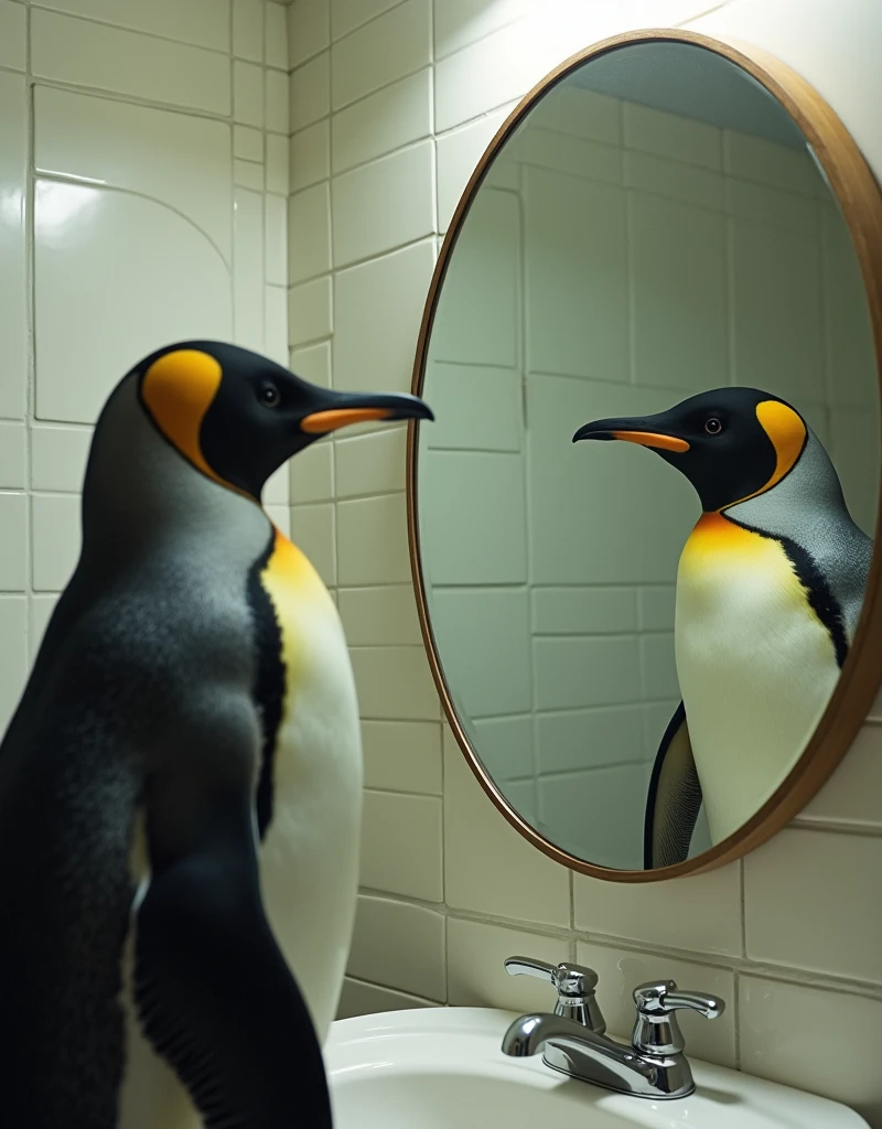 A hyper-realistic, photographic image of a penguin standing in a bathroom, looking at its reflection in a medium-sized mirror. The bathroom has typical, everyday fixtures, including a sink and wall tiles. The mirror reflection shows a subtle but noticeable surreal element, with slightly off colors and minor distortions, creating a slight sense of unease. The penguin appears curious and slightly puzzled as it examines its reflection.