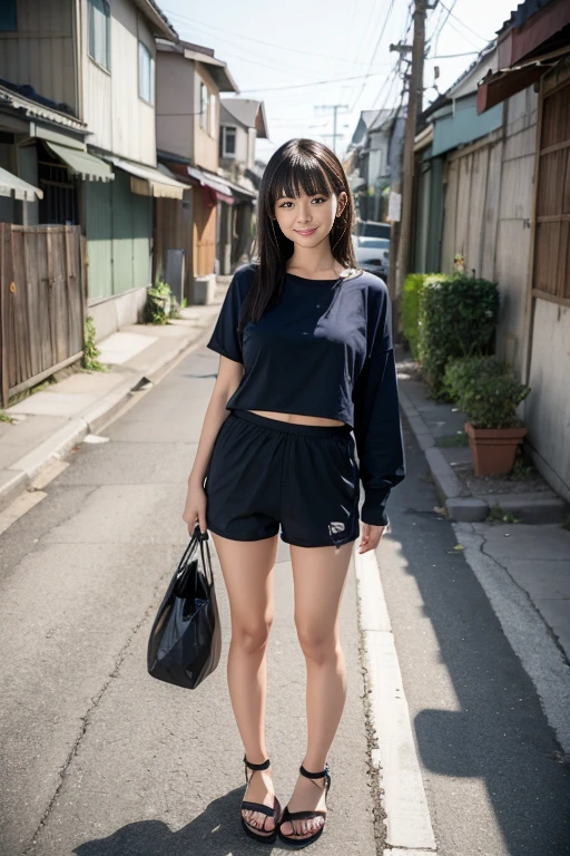 the front view of a japanese woman,street area,telephone poles,garbage collection center under the telephone pole, Japanese girl,Slender body,plump,medium breasts,large hip, BREAK (wearing loose T-shirts and navy binding shorts), black long flipped hair with blunt bangs, (sandals:1.2),panty line, no bra,smile,nipslip, (RealDownblouse), early morning,i carry a garbage bag,high resolution,standing in front of the trash can,put garbage in the trash can,shooting through the trash can,