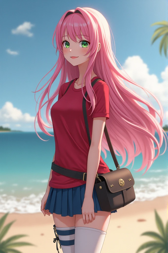 "(Una mujer serena con Long hair y rosado)"
High resolution, ultra detailed, HdR, masterpiece, Best Quality, extremely detailed ,Sakura Haruno, pink hair , Long hair, green eyes , with a smile, beautiful, Red shirt, Red skirt , long socks, White thigh high stockings,Whole body, She also wears tight black shorts with a shuriken holster around her right thigh., blue sandals and the standard Konoha forehead protector worn as a headband, perfect body, Beautiful face ,beautiful girl sakura haruno