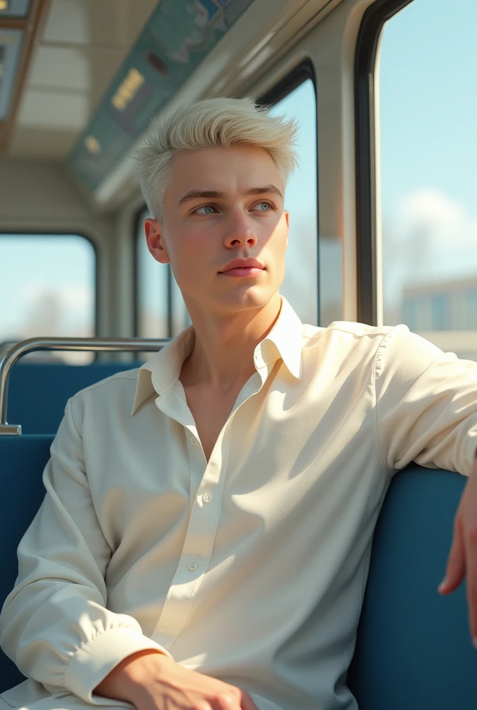 White-skinned man with normal facial features but also handsome, by the fluffy style, sitting on a bus,