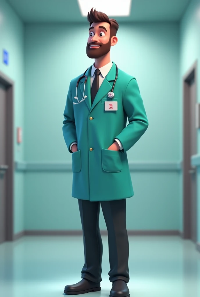 Male nurse in turquoise jacket and black pants and neonatal nurse animated