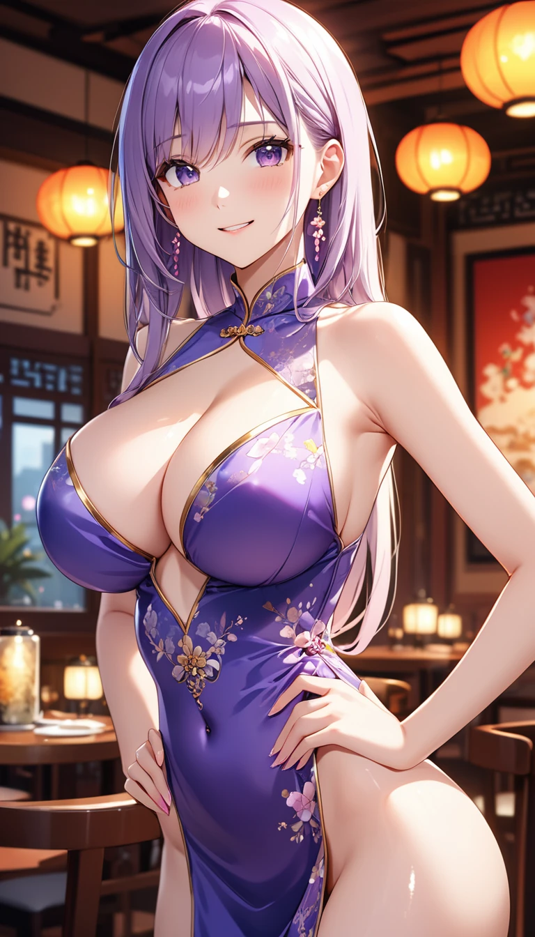 高いquality illustration, masterpiece, Very delicate and beautiful, Attractive girl,(Shiny purple Chinese dress),thin,Slender body,slim,Chinese restaurant background,Princess, Beautiful Eyes、smile、blush、(masterpiece, Highest quality:1.2), High res, Very detailed CG ユニティ 8k 壁紙, Perfect lighting, colorful, Ultra-high res,4K,Very detailed, photograph, 8k, High resolution, 17 years old、Female organ、Thick pubic hair、Thick pubic hair、Big Breasts、Cleavage、Hands on hips、Armpits