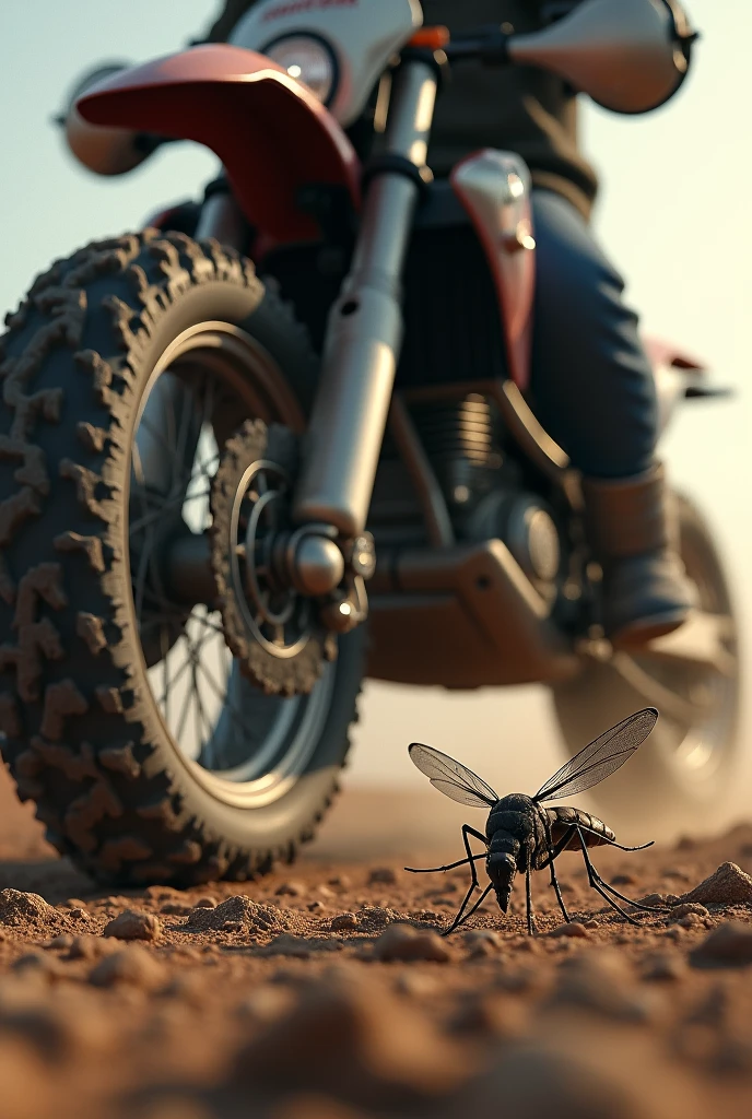 A mosquito being run over by an all-terrain motorcycle 