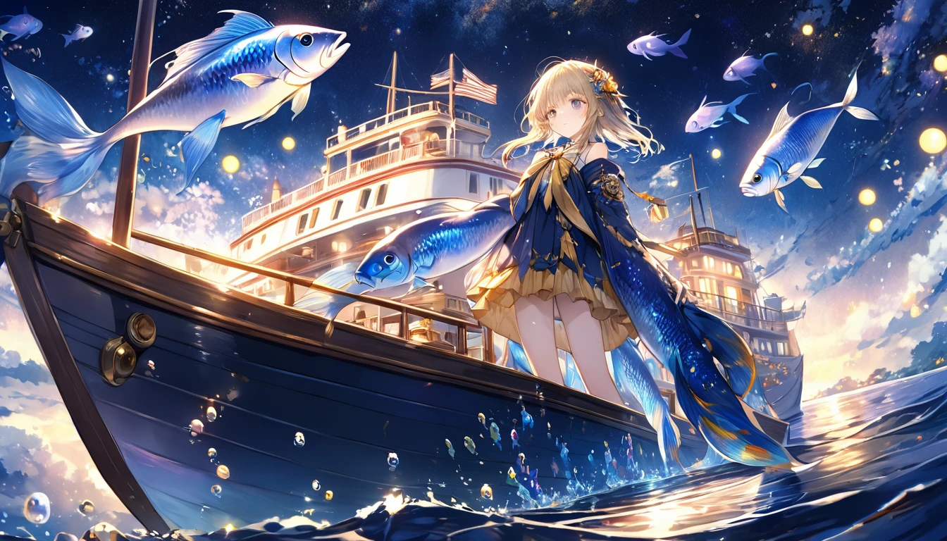 **231. One person。star空の船と夜空を泳ぐ魚。Fantasy＋Dreamy。Cowboy shot or close-up。  
masterpiece, best quality, ultra detailed (Detailed fingers), (Emotional), (Breathtakingly beautiful),  
(main part: 1.2 Whole body。), (Anime Style), (Very detailed), (Dreamy),  
(超High resolution, High resolution), (8k), (High resolution: 1.2), (Complex and beautiful: 1.2)**
- background: star空の中を漂う船、Shiny fish swim around。
- character: Against the background of the night sky、Girl standing on the bow of a ship。
-pose: star々Look up at、Reaching out as if dreaming。
-expression: Dreamy look、瞳にstar々is reflected。
- Effects: The fish swam around the boat, shining with light.、Light up the night sky。
-color: Navy Blue and Gold、star々The colors create a beautiful contrast with the night sky.。
