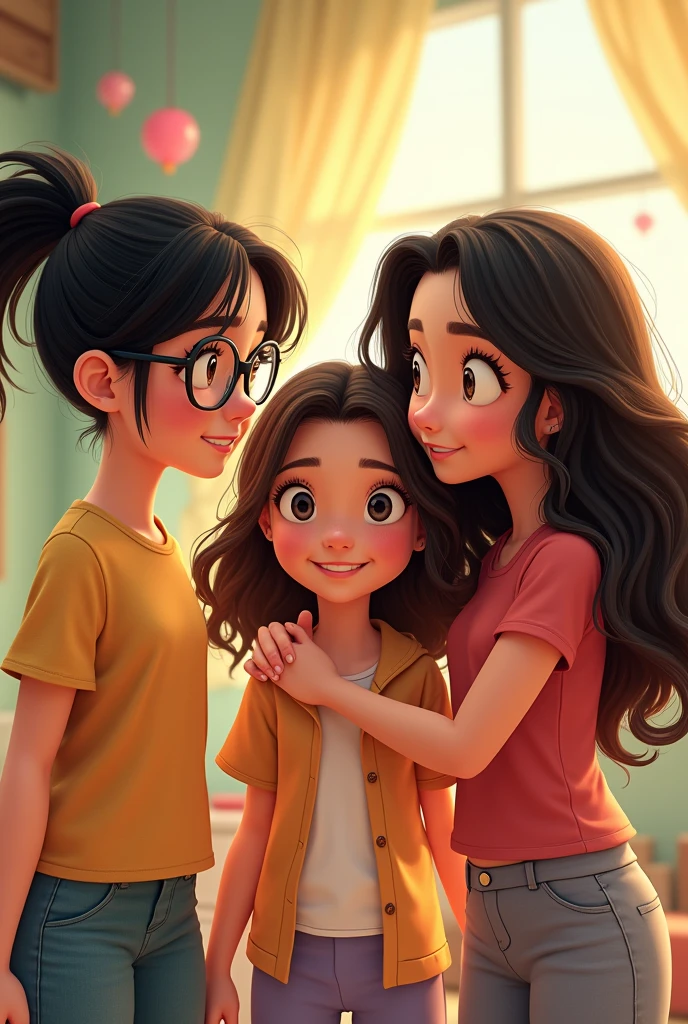 3 girls together, one with glasses and black hair tied in a ponytail, the other one with long loose black hair and the other girl with loose brown hair and a bit Chinese, pixar disney version