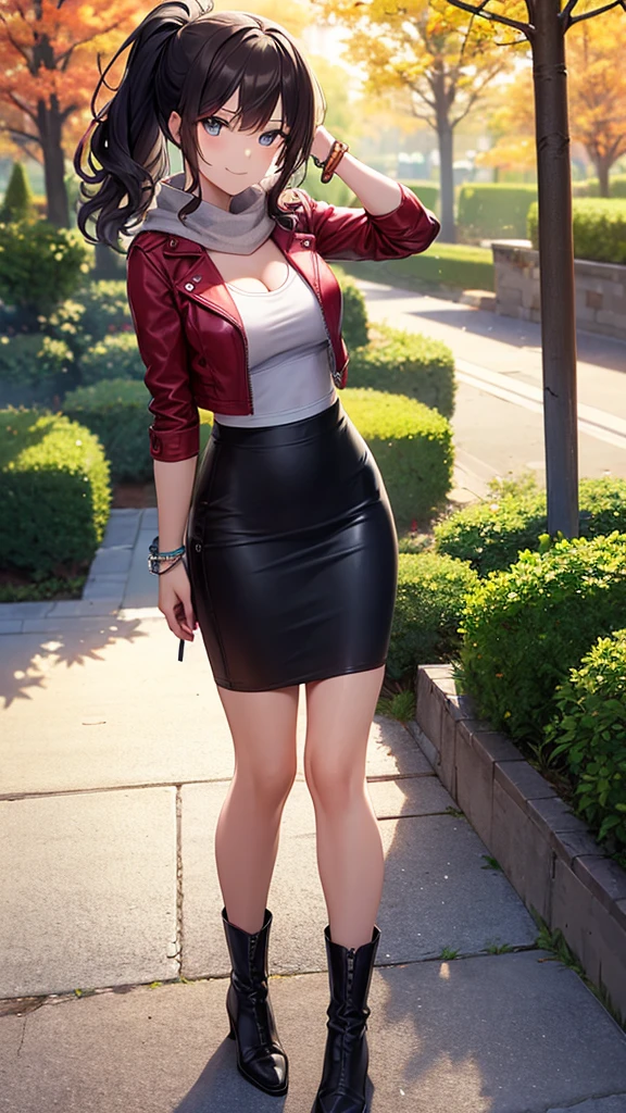 masterpiece, best quality, high detail, 1girl, beautiful woman, wavy hair, dark brown hair, low ponytail, messy hair, red leather jacket, tank top, black midi pencil skirt, long black skirt:1.3, boots, white scarf, bracelet, autumn, trees, leaves on ground, park, garden, stone, sidewalk, upper body, looking at viewer, light smile, atmospheric, moody