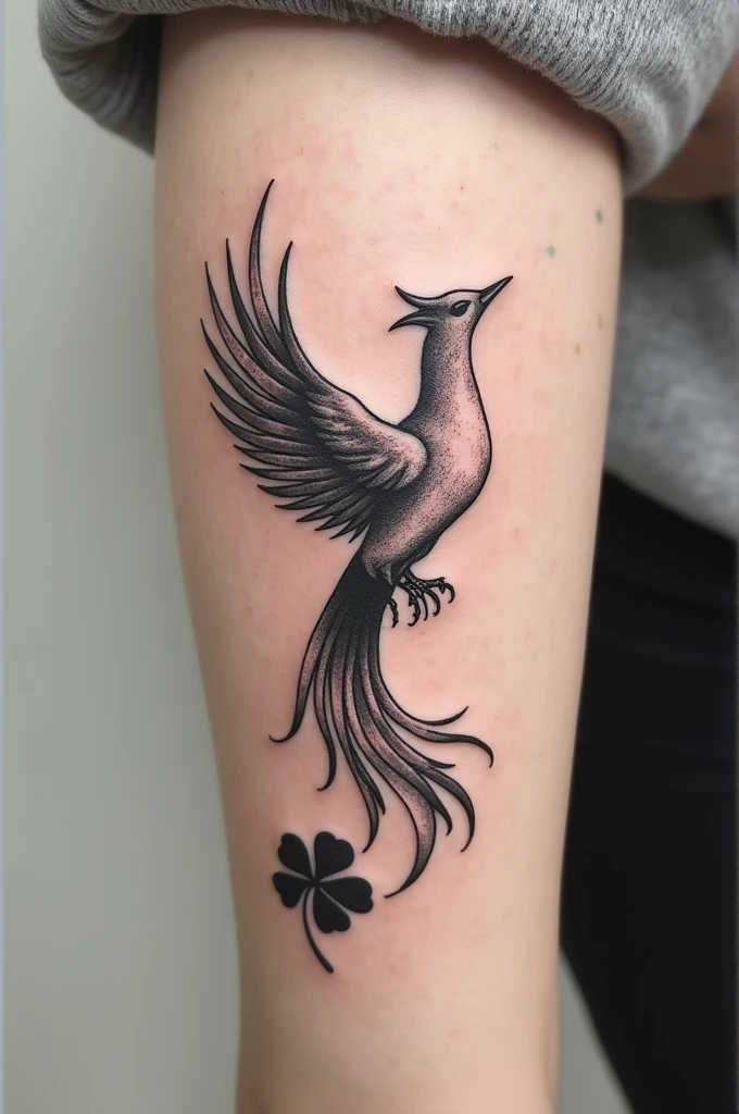 Delicate black and white tattoo of a phoenix and four-leaf clover