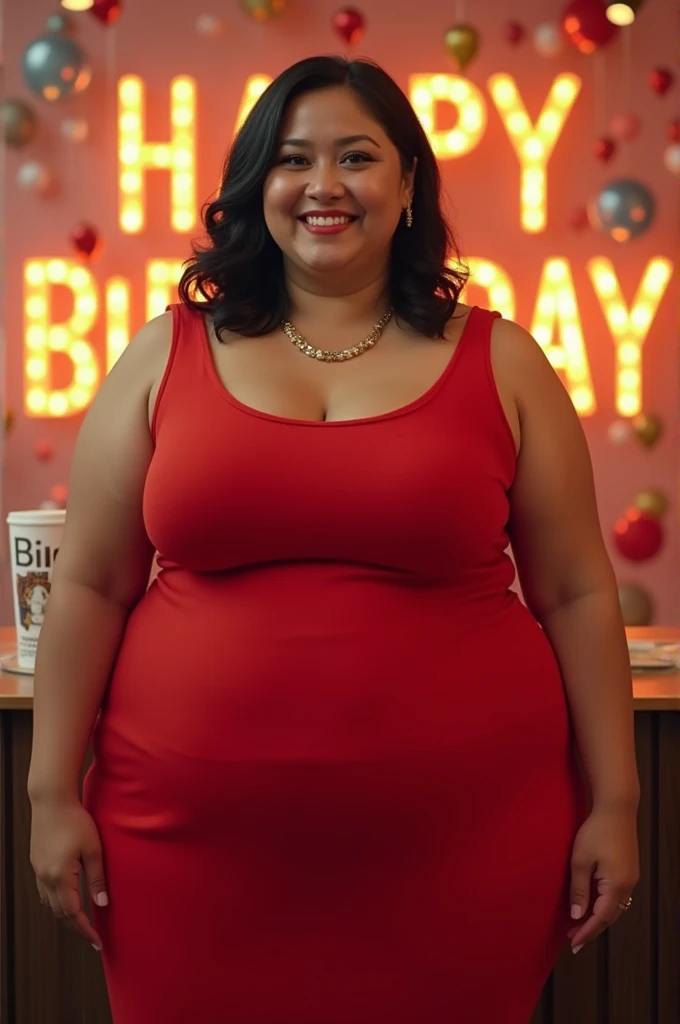 standing woman Philipina big chubby full body whit skin black hair shoulder length, wearing red birthday dress celebrating birthday, fat facing camera, behind there is writing happy birthday GERLY CORPIN