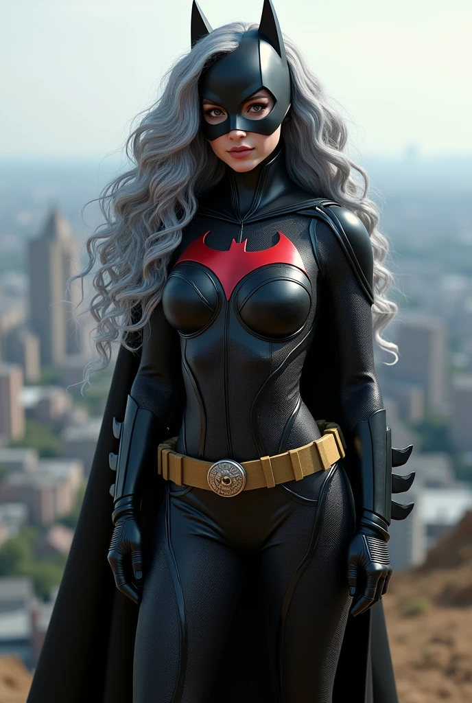 A beautiful youthful looking Hispanic version of a gray haired Selena Gomez as a 50 years old woman with long her completely gray hair in a big curls styles as the superhero batwoman wearing a batwoman costume with a hood standing on top of a hill overlooking a big city