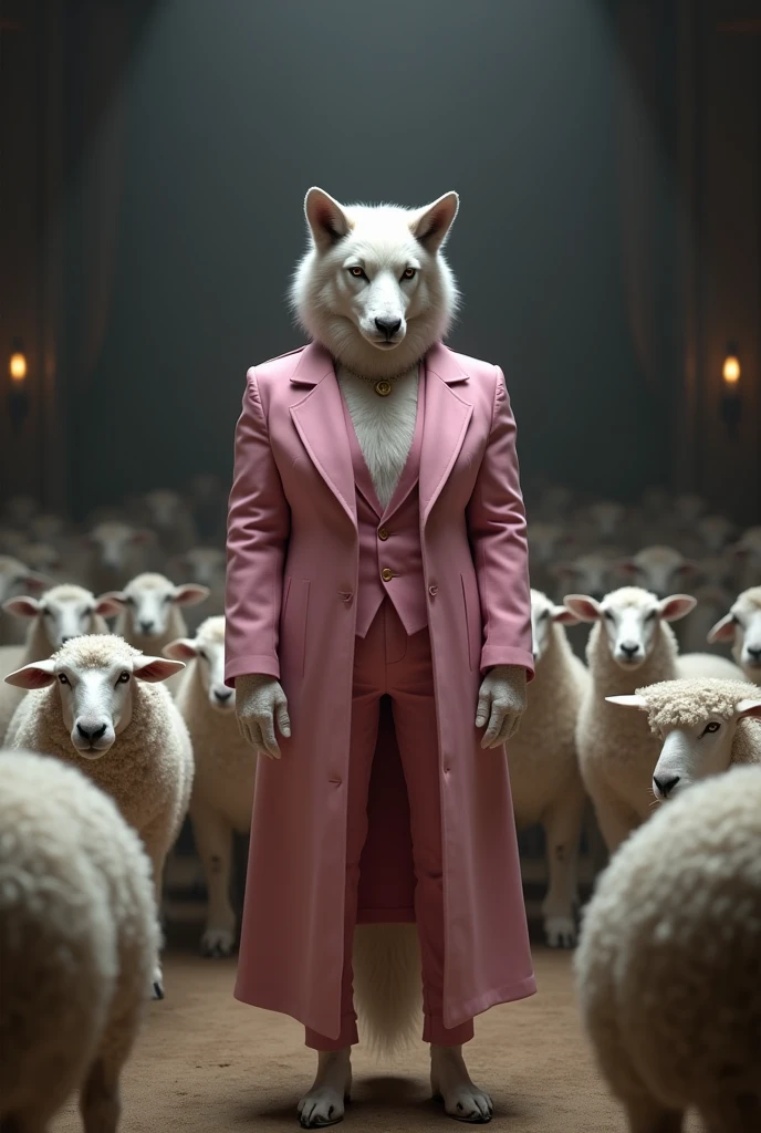 A sexy, not-thin animal wolf dressed in pink soberly without showing cleavage,with a sensual look, speaking in front of an audience of sheep