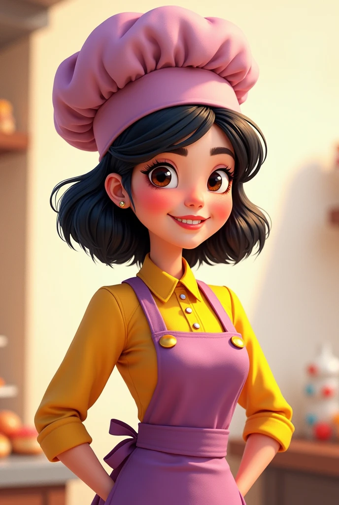 Disney Pixer style. Woman aged 30 years old, com olhos castanhos, black medium hair, in yellow and purple pastry chef's outfit and chef's hat. Have simple details