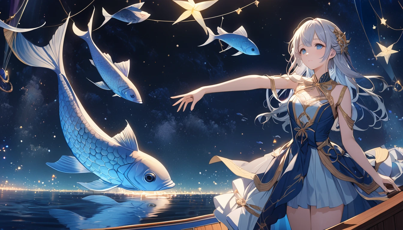 **231. One person。star空の船と夜空を泳ぐ魚。Fantasy+Dreamy。Cowboy shot or close-up。
masterpiece, best quality, ultra detailed (Detailed fingers), (Emotional), (Breathtakingly beautiful),
(main part: 1.2 Whole body。), (Anime Style), (Very detailed), (Dreamy),
(超High resolution, High resolution), (8k), (High resolution: 1.2), (Complex and beautiful: 1.2)**
- background: star空の中を漂う船、Shiny fish swim around。
- character: Against the background of the night sky、Girl standing on the bow of a ship。
-pose: star々Look up at、Reaching out as if dreaming。
-expression: Dreamy look、瞳にstar々is reflected。
- Effects: The fish swam around the boat, shining with light.、Light up the night sky。
-color: Navy Blue and Gold、star々The colors create a beautiful contrast with the night sky.。