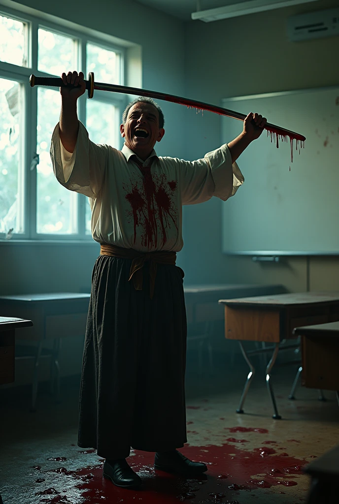 A bloodied teacher holding a blood-covered katana while laughing evilly