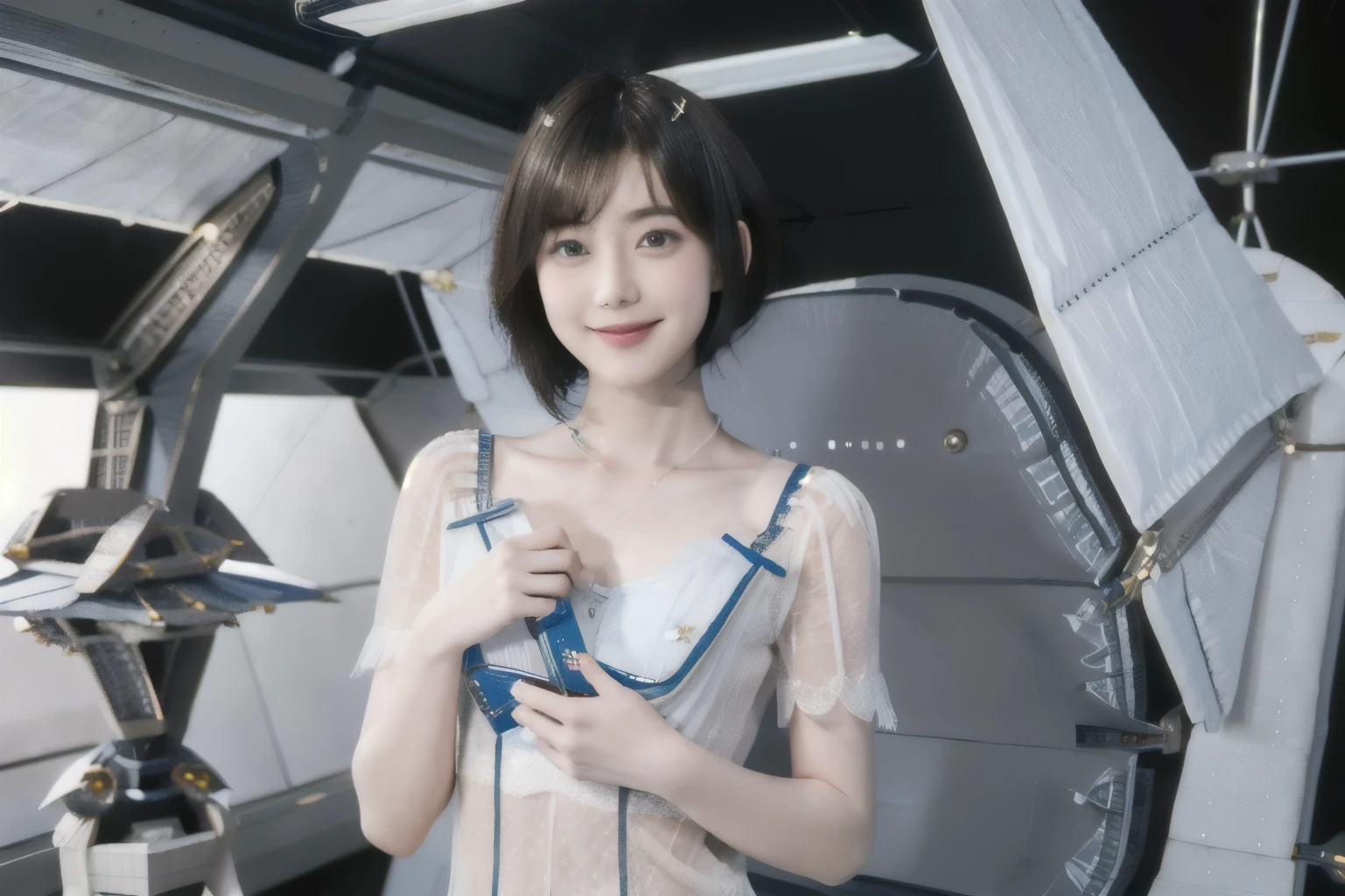 268 (20-year-old princess,Are standing), ((short hair:1.46)), (chest:1.46), Old-fashioned smile, (flower), (Spaceship:1.46)