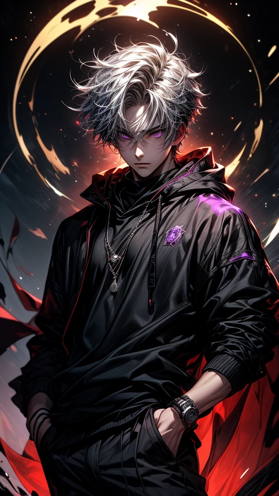 Masterpiece, best quality, high resolution, highly detailed, 1 boy ( teenaoung handsome face, white hair ( light in the hair), purple eyes ( glowing eyes ), cold expression ( cold look ), wearing a black hoodie, and black pants, black watch, surrounded by the splendors of the universe, pay attention to stunning details, and achieve a resolution of k, floating in a dynamic pose, high quality, with a majestic aura of authority. Looking front, really short hair