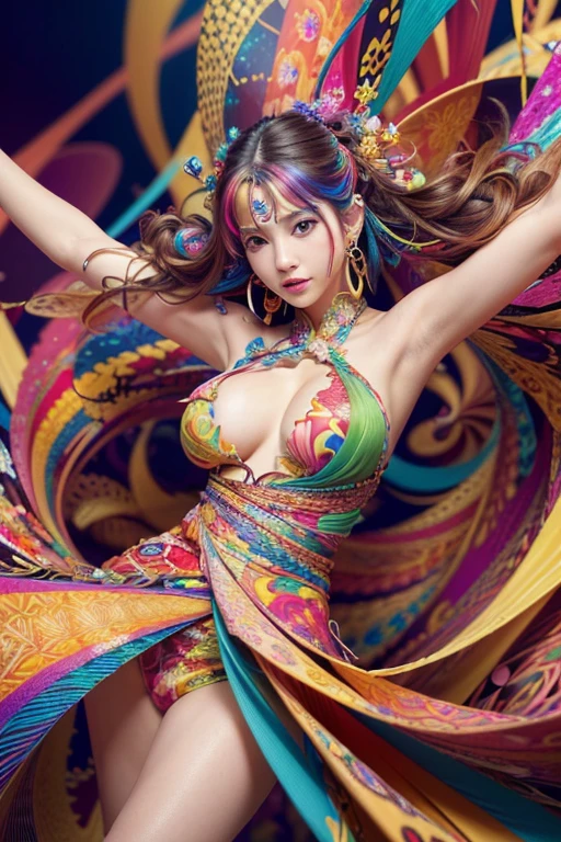 (masterpiece, Highest quality, Highest quality, Official Art, beautifully、aesthetic:1.2), (One girl:1.3), Very detailed,(Fractal Art:1.1),(colorful:1.1),Most detailed,(Tangled:1.2), (Dynamic pose), (Abstract background:1.5), (Japanese clothing:1.2), (Glowing Skin), (Many colors:1.4), ,(Earrings:1.4),Big Tits