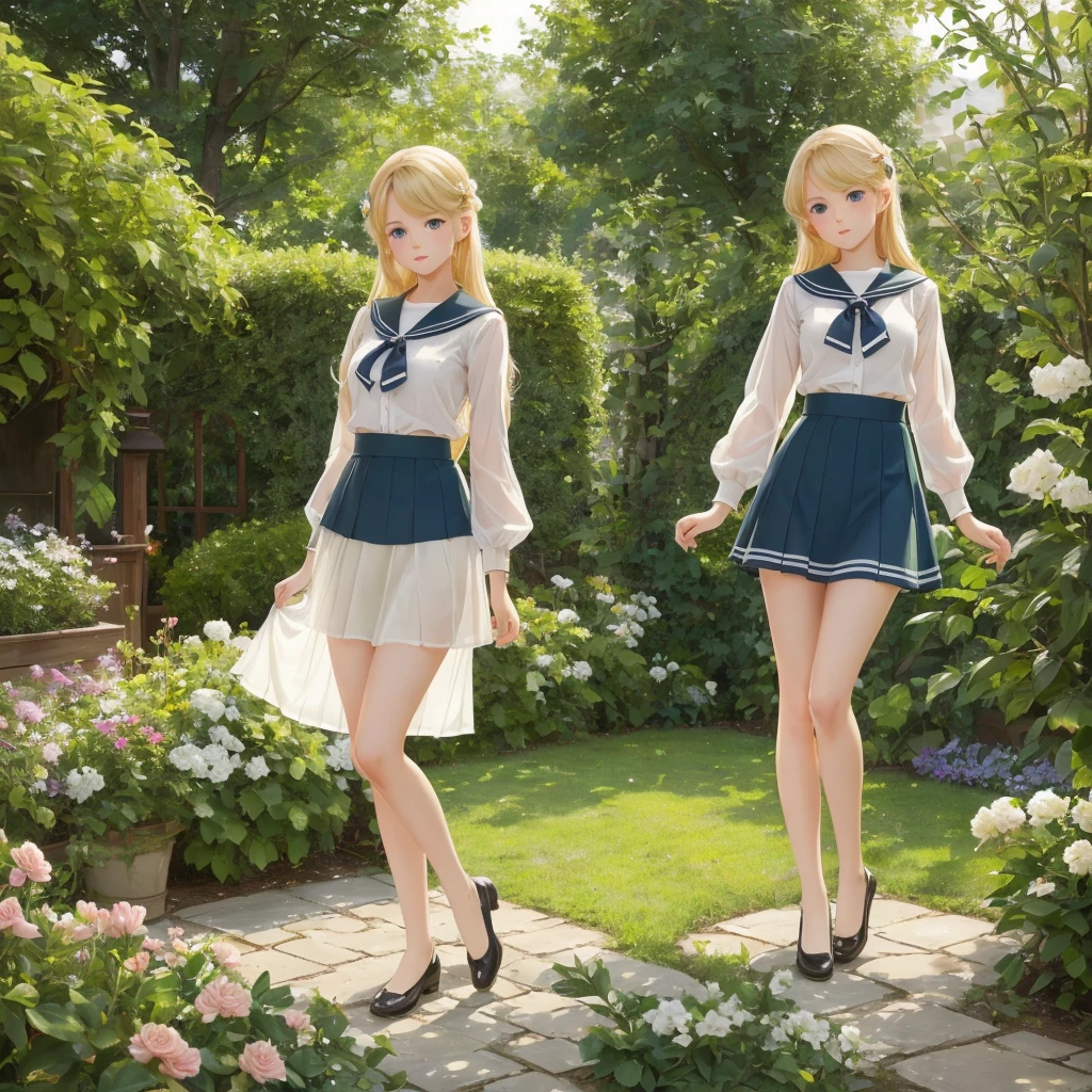 3 girls, long hair, Big , Blushing, blond, Green-eyed sailor suit short skirt 1933 style cute and beautiful girl 18 years old in the garden beautiful long legs high resolution, best quality, masterpiece, Lift skirt mini skirt take off clothes top transparent, 
