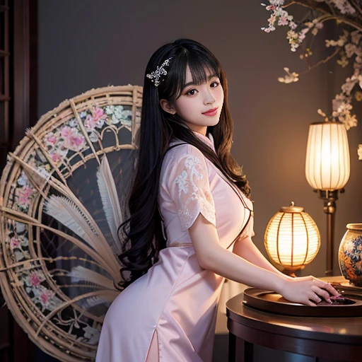 best quality, Delicate face,beautiful visual work, lifelike, eternity, black hair, Long curly hair, blunt bangs, Smile, Detailed Background, Delicate face,pink blush,cold,((masterpiece))、(top quality)、8k、high detail、Super detailed,21 years old female,Wearing Chinese cheongsam、Seductive and whimsical style、masterpiece、born、Scenes resembling fairy tale illustrations、Intricate details and complex designs、Beautifully、magic、capricious、 Beautifully、Dream aesthetics、「𝓡𝓸𝓶𝓪𝓷𝓽𝓲𝓬、ethereal、charming、fickle、magic」、Realism、Visual effects、FXAA、SSAO、Shaders、voiceless、ambient lighting、Tone mapping、High resolution、Ultra high quality、Million pixels、(8K resolution:1.10)、8k、Below 8K、8K resolution、high detail、intricate details, (high quality:1.2、masterpiece:1.2、:1.21)、(21 years old female:1.21)、(Smile excitedly)、(Surrounded by the dreamy atmosphere、Model diagram,full-body shot,Normal 2 feet,Don't show your fingers