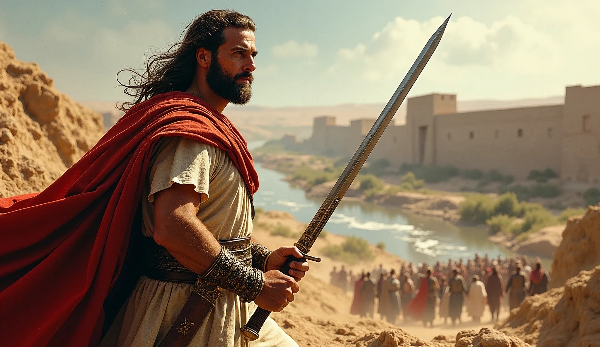 Joshua is depicted as a robust and vigorous man, dressed in a tunic and light armor, holding a sword or a staff of leadership. He may be in a battle scene or leading his people, with the Jordan River in the background and the walls of Jericho collapsed, to highlight the conquest of the Promised Land.