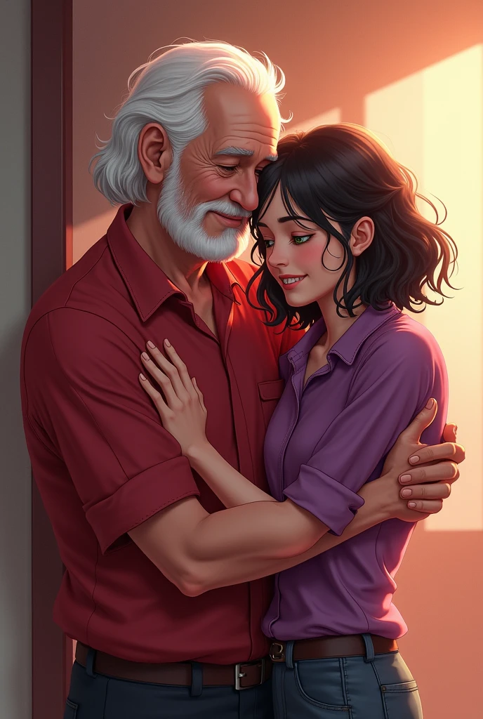 I want to hug my deceased grandfather again, I&#39;m a  with a purple blouse and medium wavy hair, he is sitting, He&#39;s already an old man with white hair, green eyes and red button up outfit
