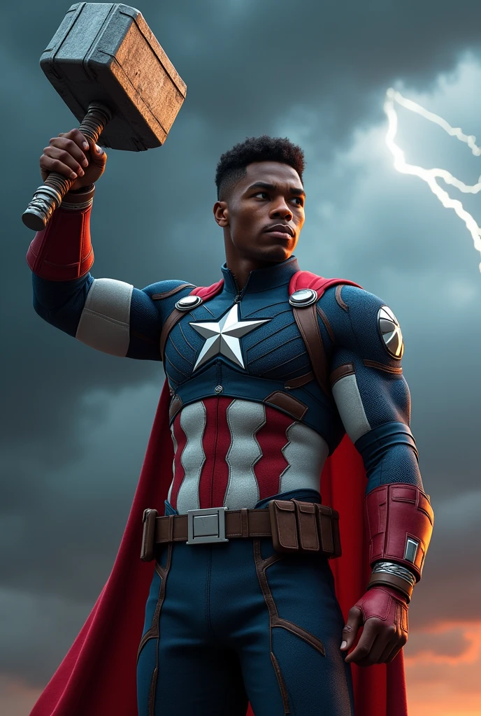 Young black Captain America with Thor's hammer
