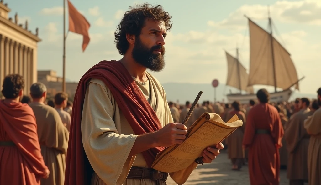 Paul is portrayed as a mature man with a thick beard and short hair.. He wears simple clothes, typical of the Roman era, and is often shown with a scroll or a quill, symbolizing his epistles. Scenes may include Paul preaching to crowds or traveling through ancient cities., with elements such as ships or Roman roads in the background.