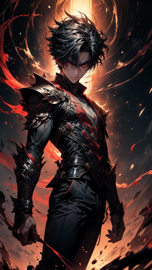Masterpiece, best quality, high resolution, highly detailed, 1 young boy ( teenager 18 years old), young handsome face, black hair ( light in the hair), red eyes ( glowing eyes ), cold expression ( cold look ), wearing black clothes and black pants, , surrounded by the splendors of the universe, pay attention to stunning details, and achieve a resolution of k, floating in a dynamic pose, high quality, with a majestic red aura of authority. Red aura emanating from the character, cold look, devoid of any emotion, dark background, really short hair