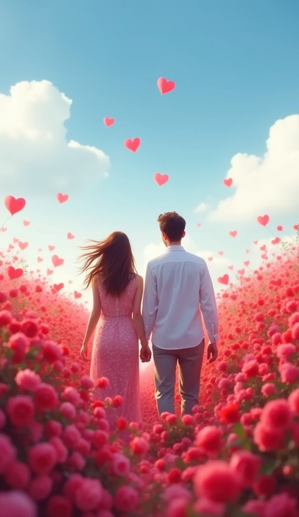 In a romantic atmosphere,Couple cuddling,Walking in a sea of roses,Under the blue sky and white clouds,Feel the romantic theme of Valentine's Day。