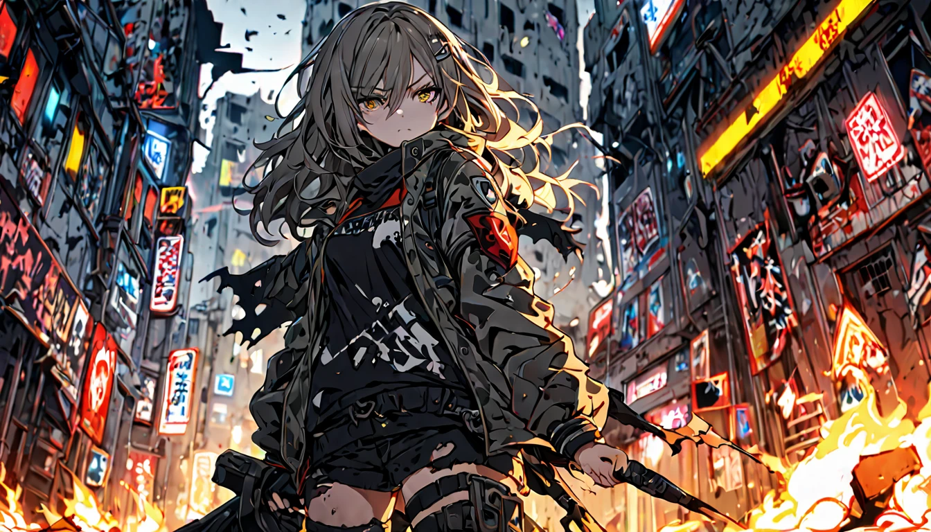 **232. One person。A ruined city and a rebel female warrior。Devastation+Rebellious。Cowboy shot or close-up。
masterpiece, best quality, ultra detailed (Detailed fingers), (Emotional), (Breathtakingly beautiful),
(main part: 1.2 Whole body。), (Anime Style), (Very detailed), (Rebelliousな),
(超High resolution, High resolution), (8k), (High resolution: 1.2), (Complex and beautiful: 1.2)**
- background: Abandoned slums、A wall covered in graffiti。
- character: Female soldier in tattered jacket and military boots。
-pose: Holding a bat in the ruins、Looking straight ahead。
-expression: 鋭い目つきとRebelliousな表情、Makes you feel determined。
- Effects: Smoke leaking from destroyed buildings、A fire burning in the distance。
-color: In dark tones、Contrast with neon lights shining in some areas。