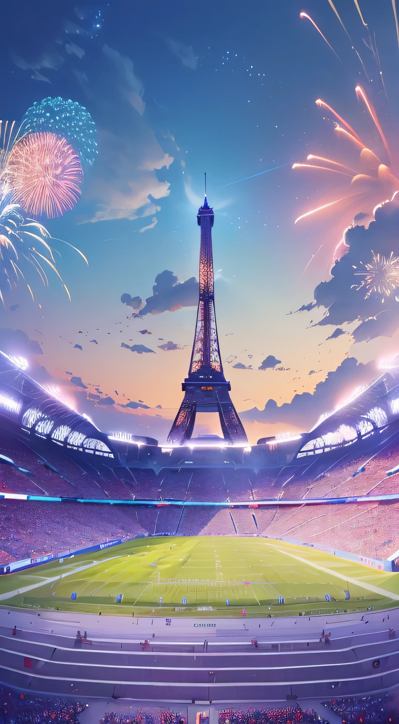 eiffel tower，Watch fireworks at the stadium，Enjoy the view of the eiffel tower, Stylized digital illustration, stadium landscape, Paris background, Juster Battle, Anime Landscape Concept Art, football field, Futuristic sports arena, Anime Background Art, Beautiful Ambience, Colorful anime movie background, Art Illustration, A beautiful Art Illustration, Beautiful digital illustrations, concept illustration, Beautiful high resolution