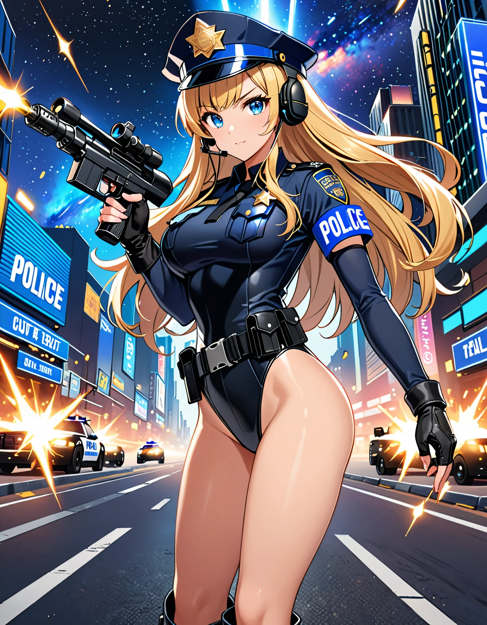 (masterpiece), (best quality), (high res), 1girl, tall body, ((long hair, blonde hair, bangs)), (blue eyes), beautiful detailed eyes, beautiful detailed face, cute face, finger proportions coordination, perfect hands, complete fingers, perfect anatomy, perfect proportions, ((hat, jet black police hat)), ((leotard, matching leotard, bare legs)), ((boots, matching boots)), breasts, medium breasts, (tactical headset), fingerless gloves, (full body portrait), looking at viewer, solo, solo focus, aggressive action pose, police uniform, shoulder pads, cowboy shot, galactic street backdrop, outdoors, (belt, tight belt), (armbands, white sleeves), holster, ahoge, using dl44blstr, serious, shootout, blaster bolts, full body costume design.