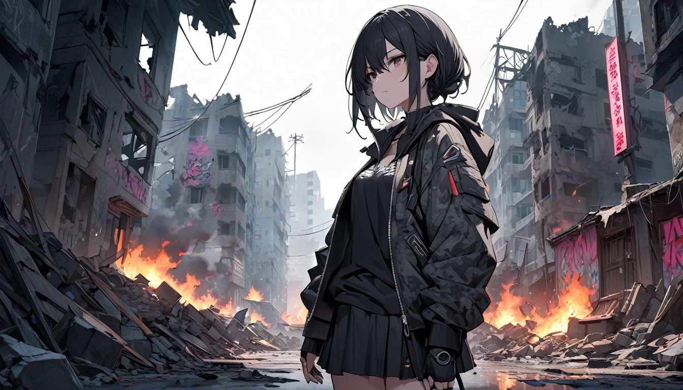 **232. One person。A ruined city and a rebel female warrior。Devastation＋Rebellious。Cowboy shot or close-up。  
masterpiece, best quality, ultra detailed (Detailed fingers), (Emotional), (Breathtakingly beautiful),  
(main part: 1.2 Whole body。), (Anime Style), (Very detailed), (Rebelliousな),  
(超High resolution, High resolution), (8k), (High resolution: 1.2), (Complex and beautiful: 1.2)**
- background: Abandoned slums、A wall covered in graffiti。
- character: Female soldier in tattered jacket and military boots。
-pose: Holding a bat in the ruins、Looking straight ahead。
-expression: 鋭い目つきとRebelliousな表情、Makes you feel determined。
- Effects: Smoke leaking from destroyed buildings、A fire burning in the distance。
-color: In dark tones、Contrast with neon lights shining in some areas。
